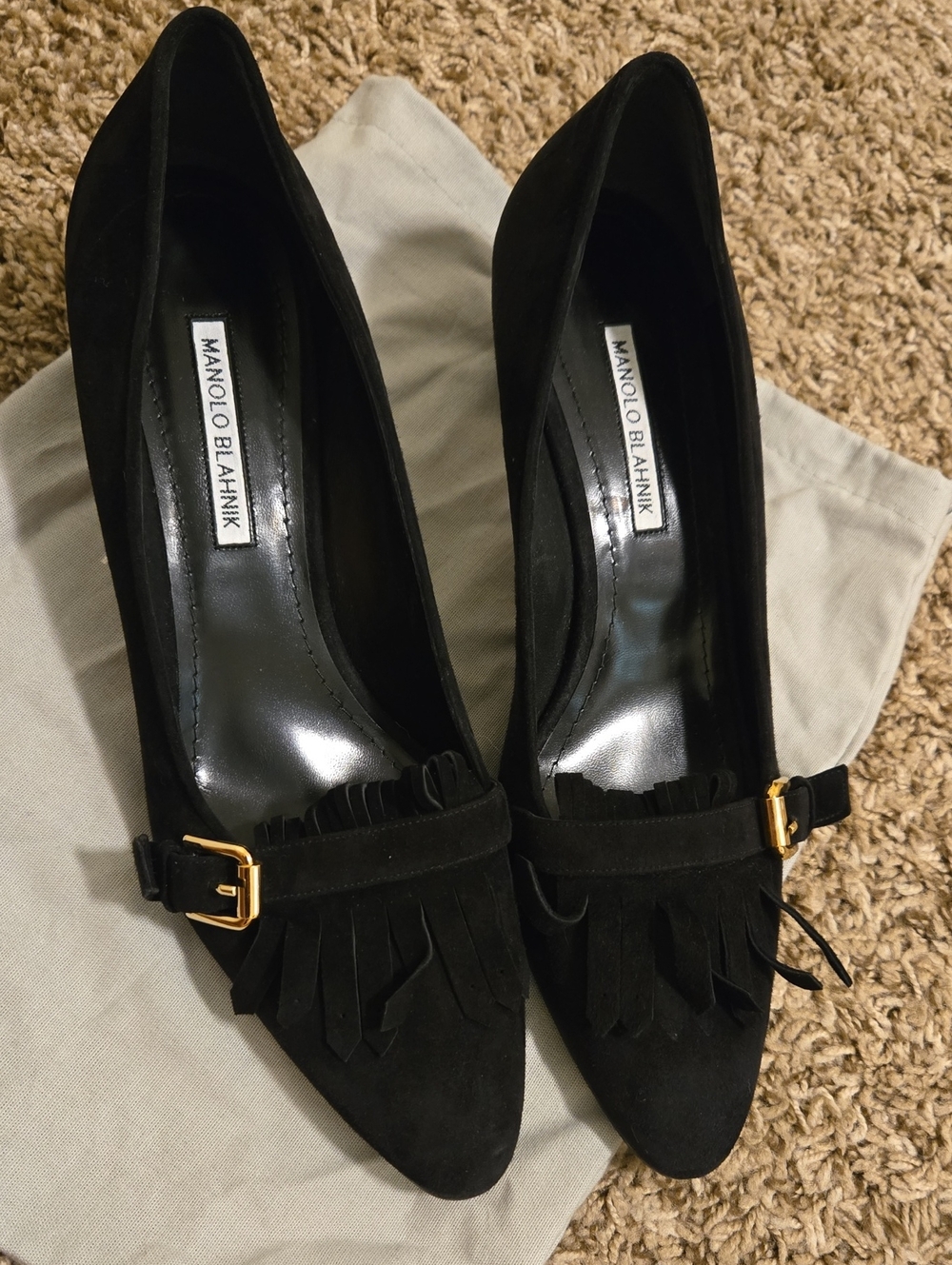 Manolo Blahnik Black Suede Pointed Fringe Pumps with Gold Buckle